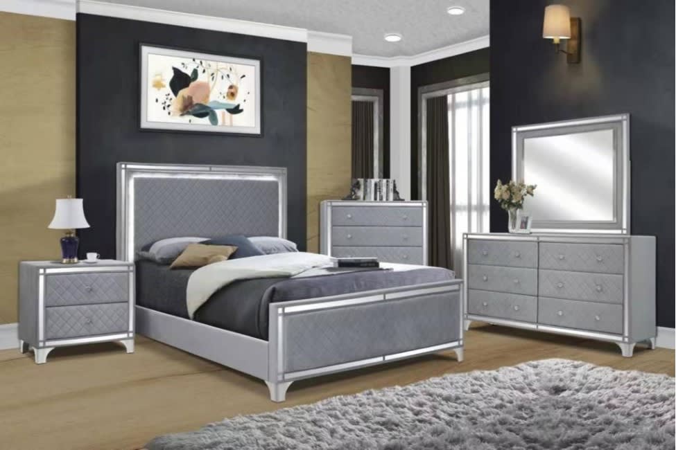 Modern Grey Fabric Bedroom Set with LED Lights - BEDROOM GALLERY