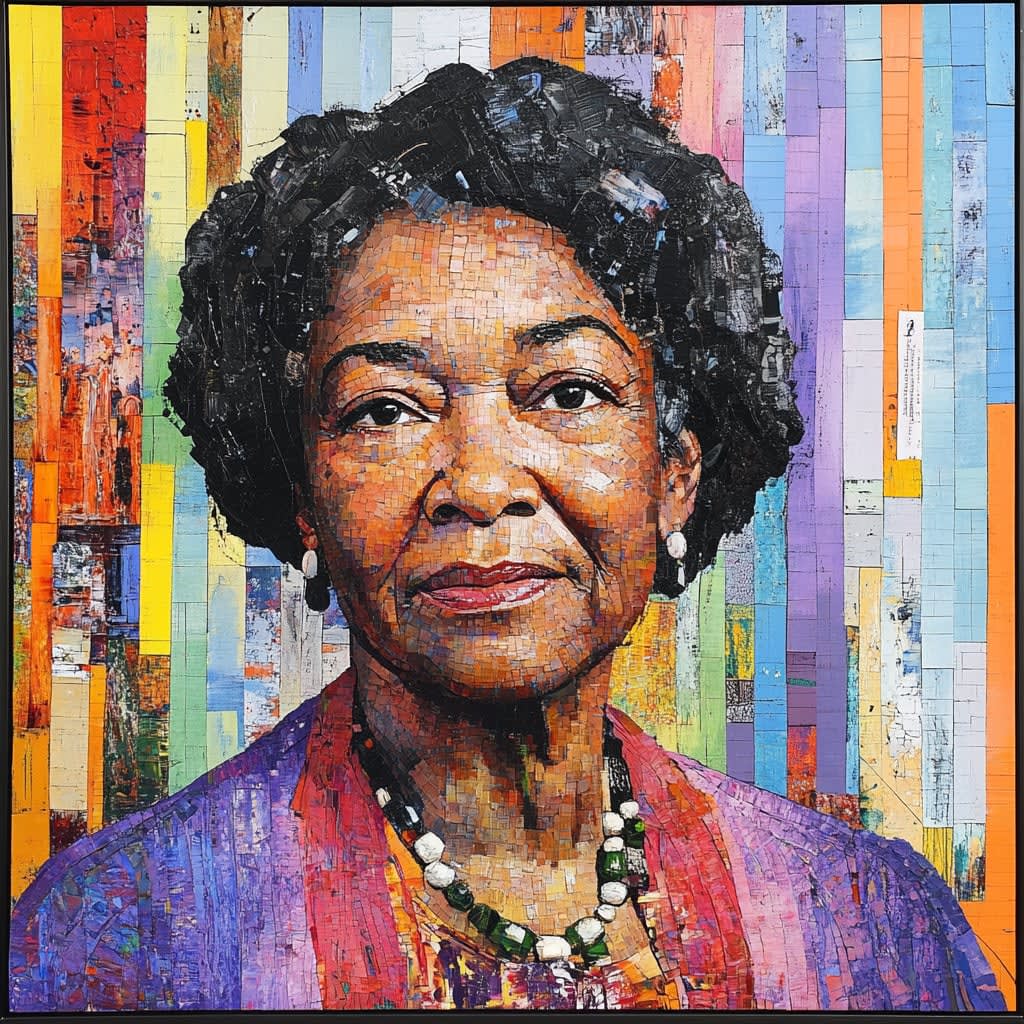 A mosaic-style portrait of artist Alma Thomas with a colorful, geometric background of vertical stripes.