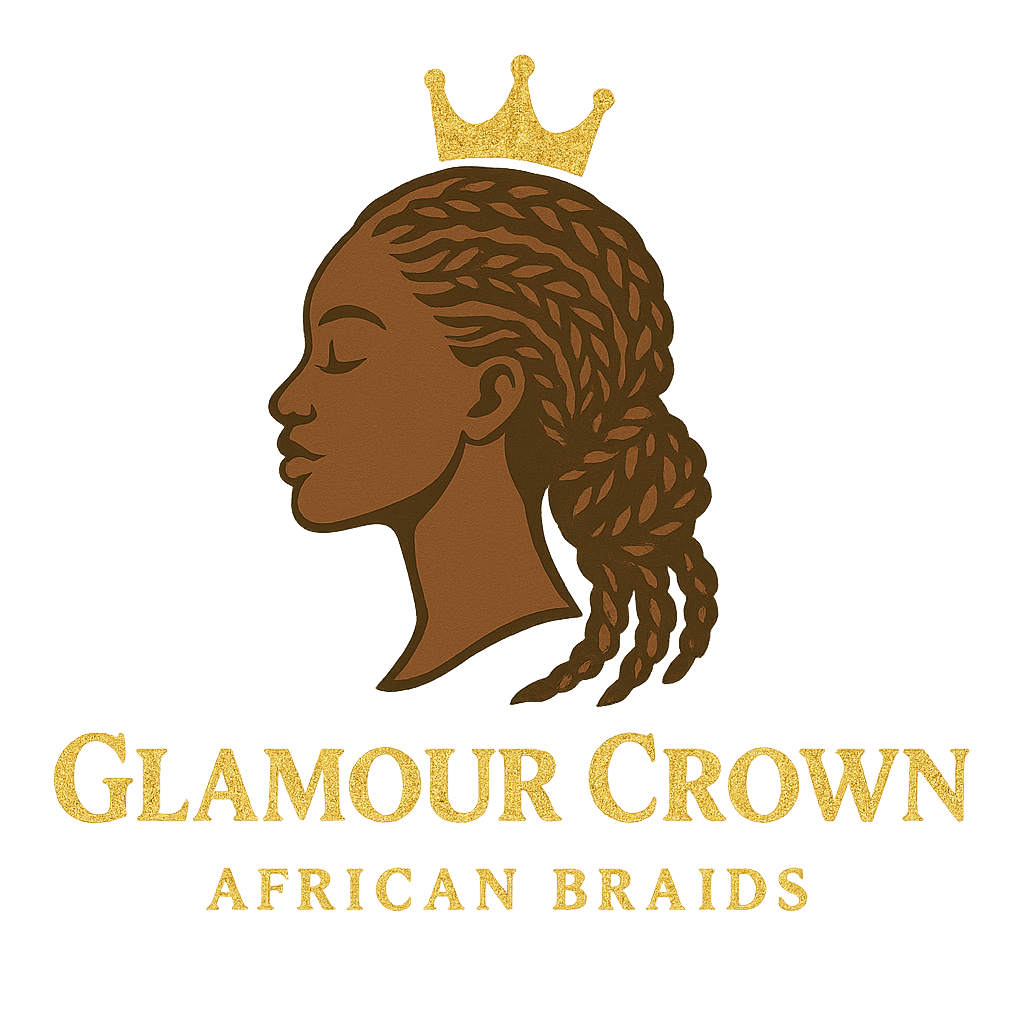 Logo of a woman with braids and crown for a hair business.
