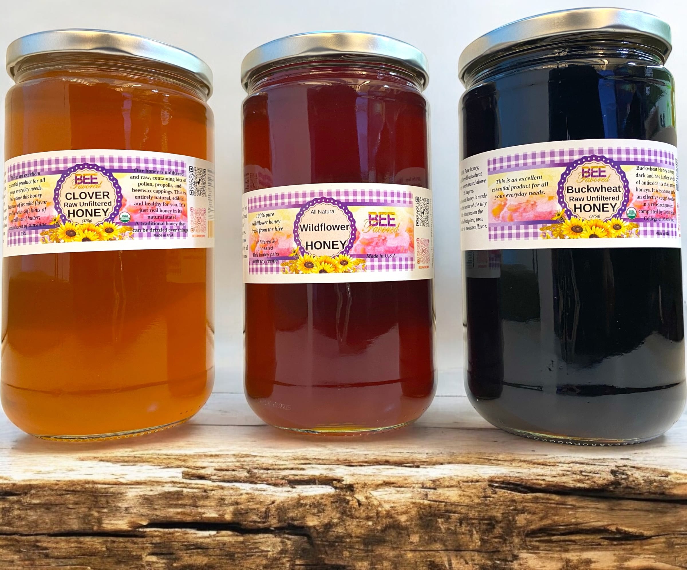 2Lbs Honey Trio - Clover, Wildflower and Buckwheat 100% Raw Honey