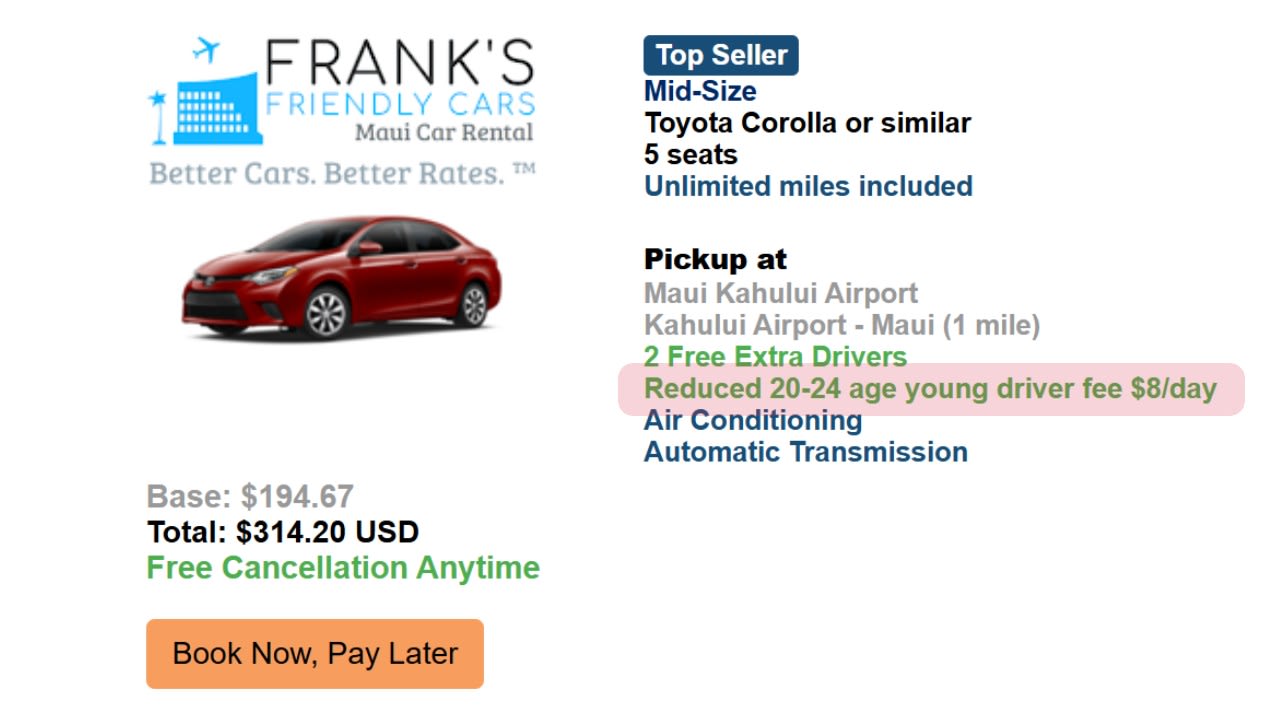 Maui Car Rental For Drivers Under 25 (20 to 24)