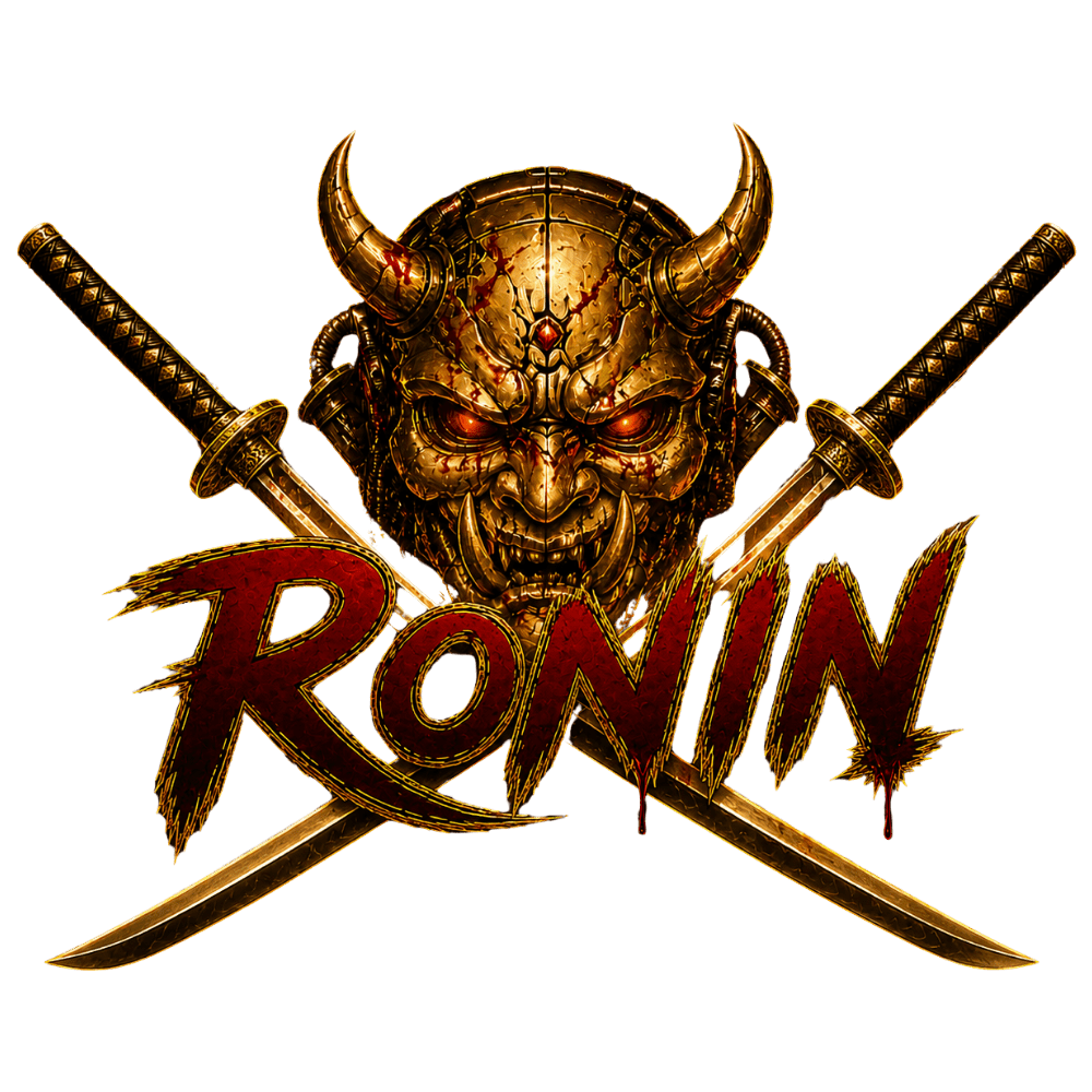 A fierce horned mask with glowing eyes, crossed swords, and "Ronin" text in bold red, set against a dark background."