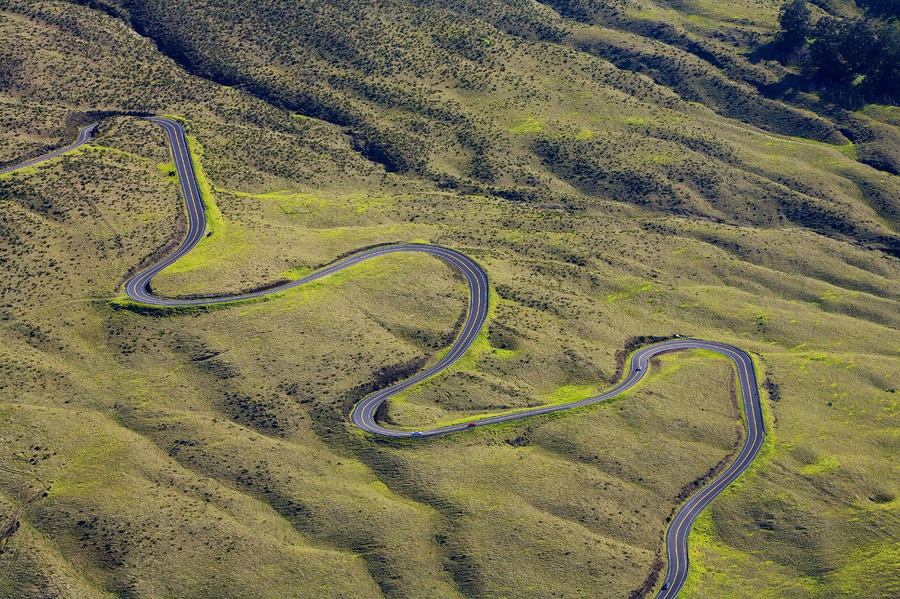 Windy tortuous switchbacks on Crater Road up Haleakala Volcano on the island of Maui in Hawaii.
