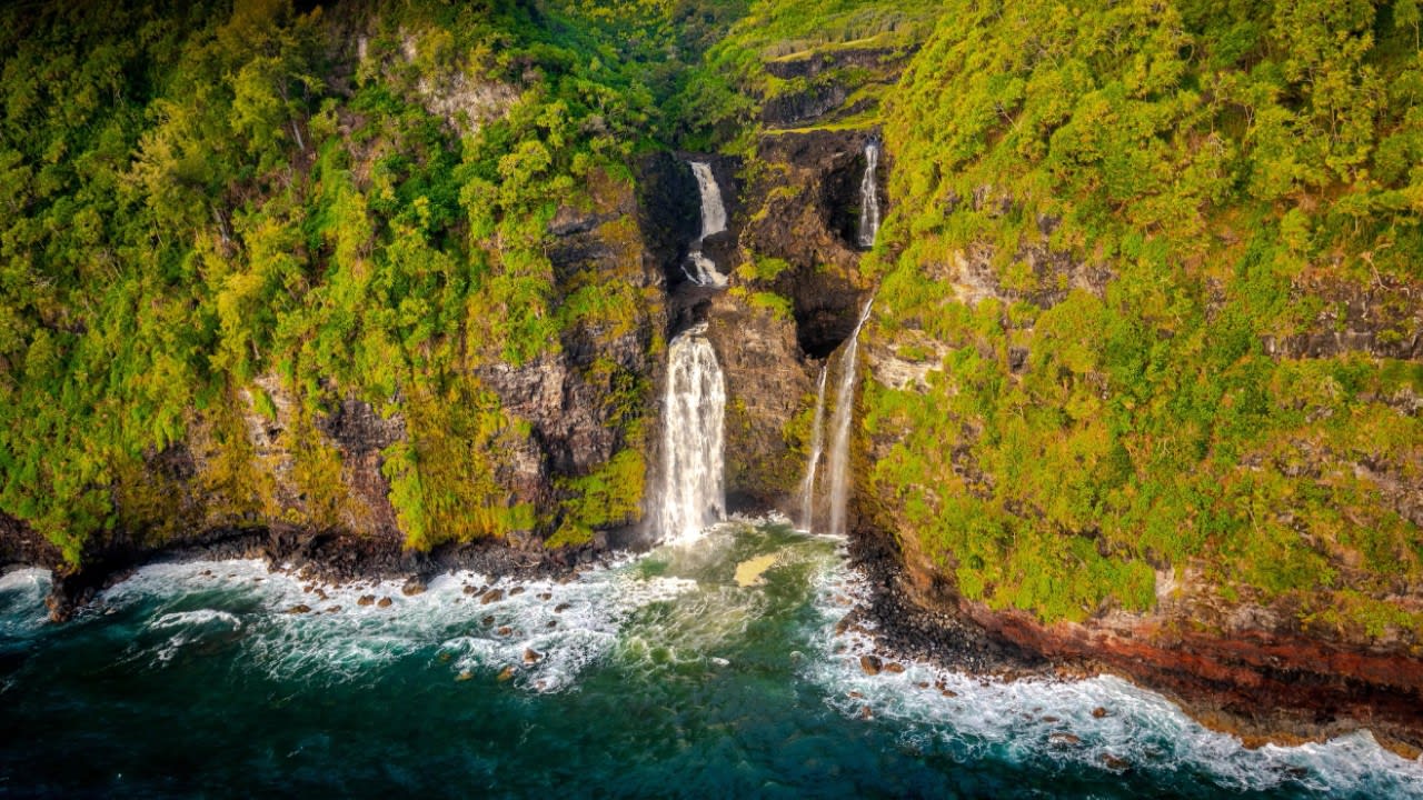 Scenic coastal waterfall on the island of Maui, Hawaii