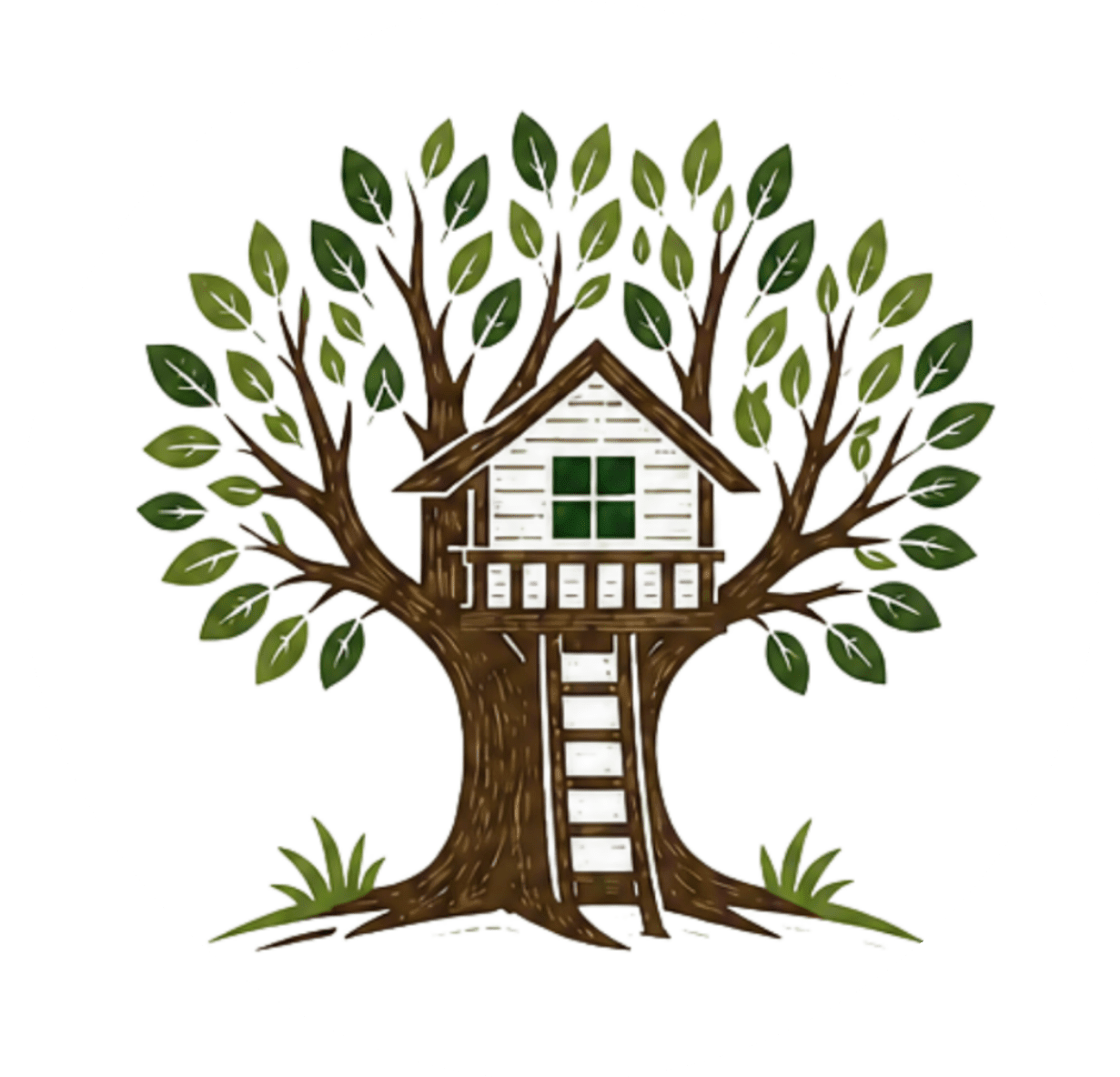 Illustrated treehouse nestled in a leafy tree with a wooden ladder.
