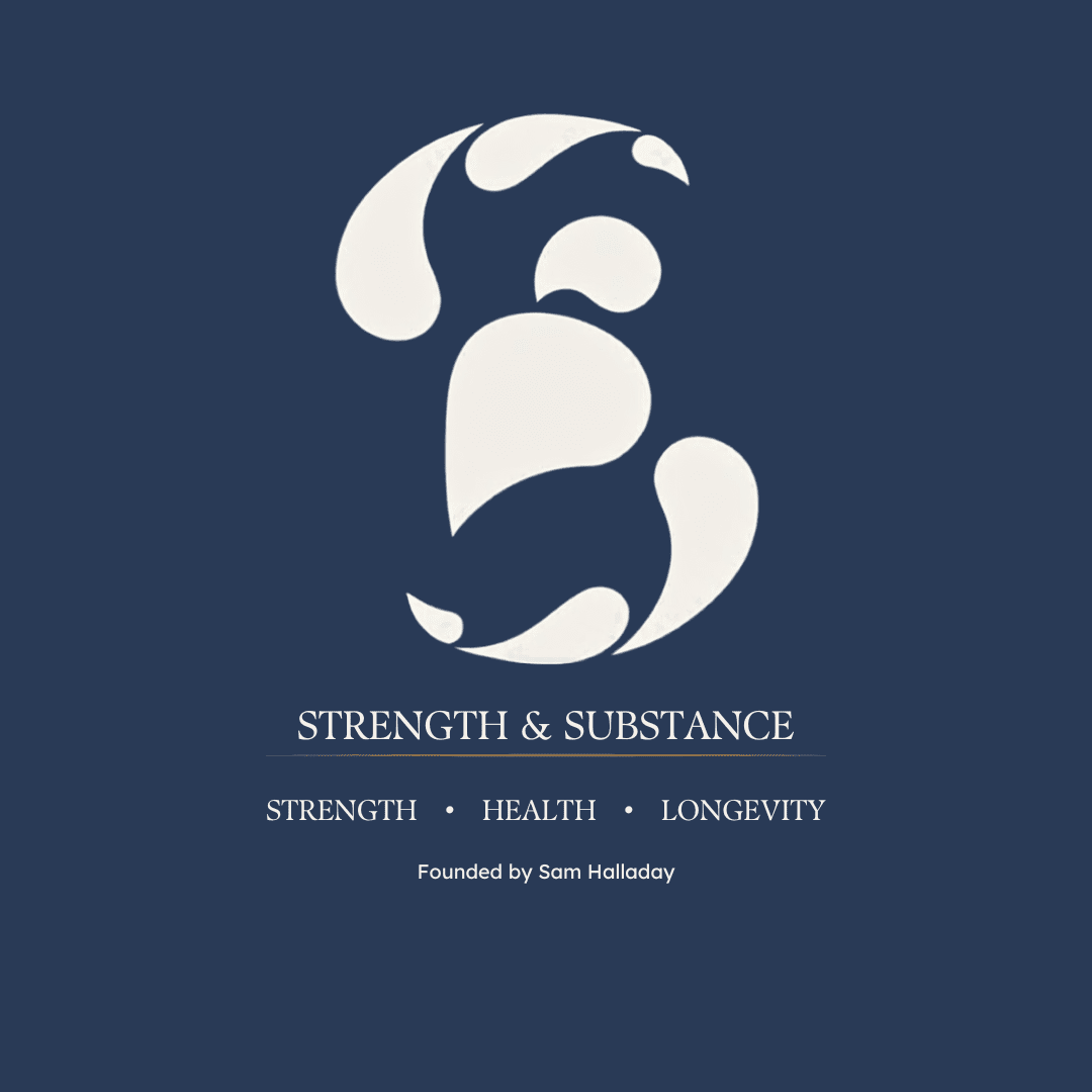 A minimalist logo for a strength and health brand on navy background