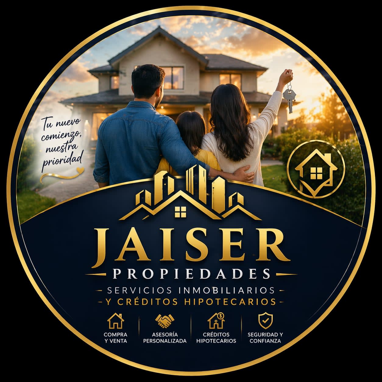 Family holding keys in front of a new home with branding overlay