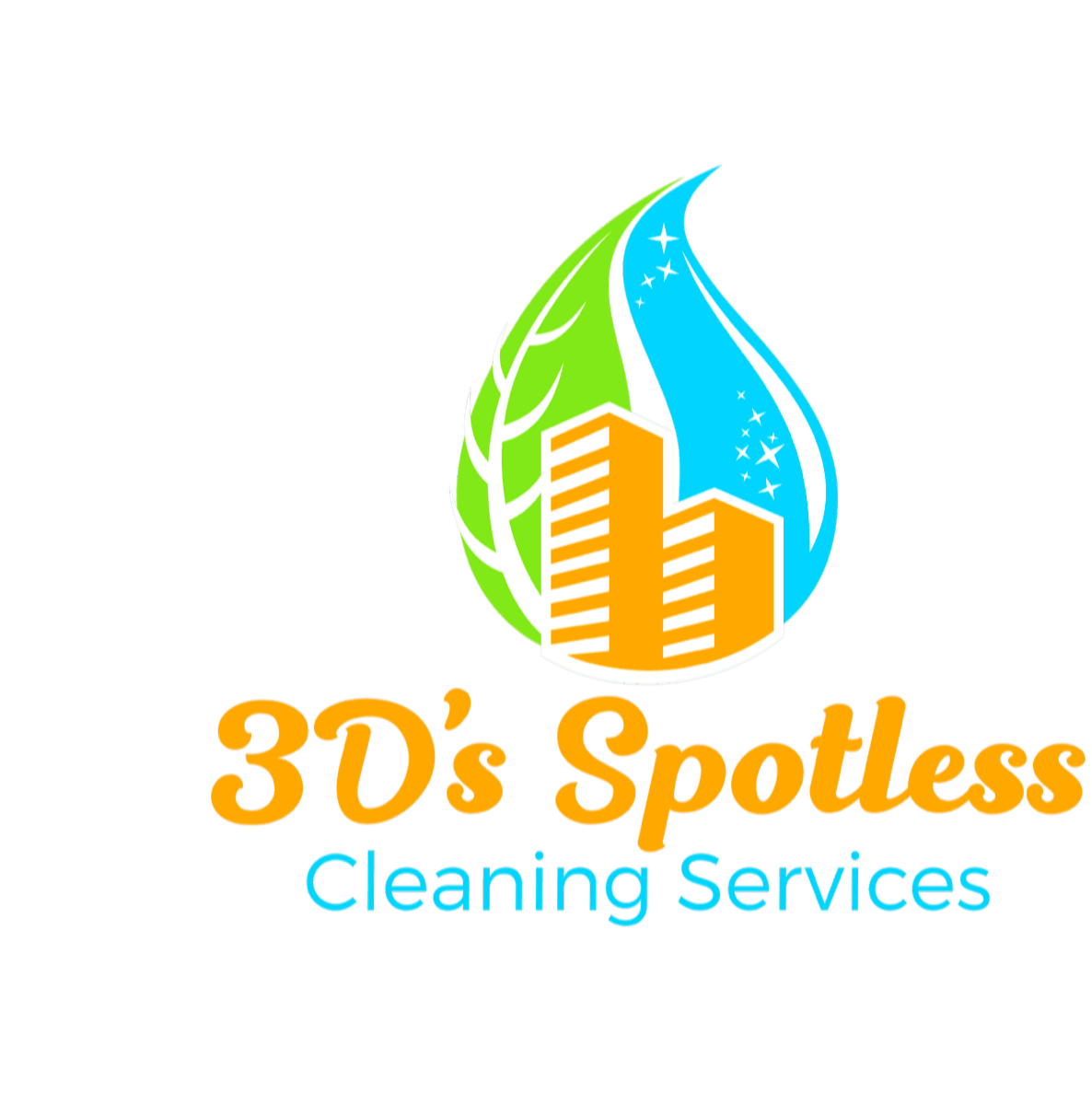 Logo for a cleaning service with a stylized water droplet and building.