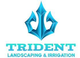 Blue trident logo for landscaping and irrigation company on green background