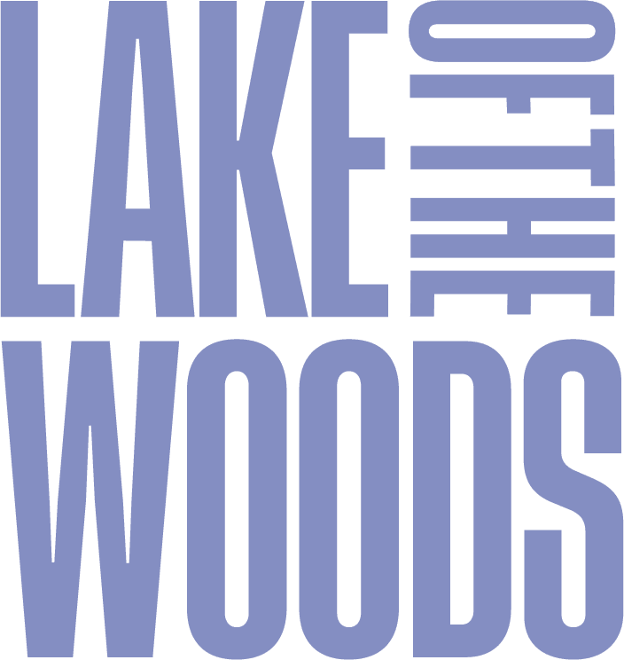 Bold purple text reads 'LAKE OF THE WOODS' on a solid green background.