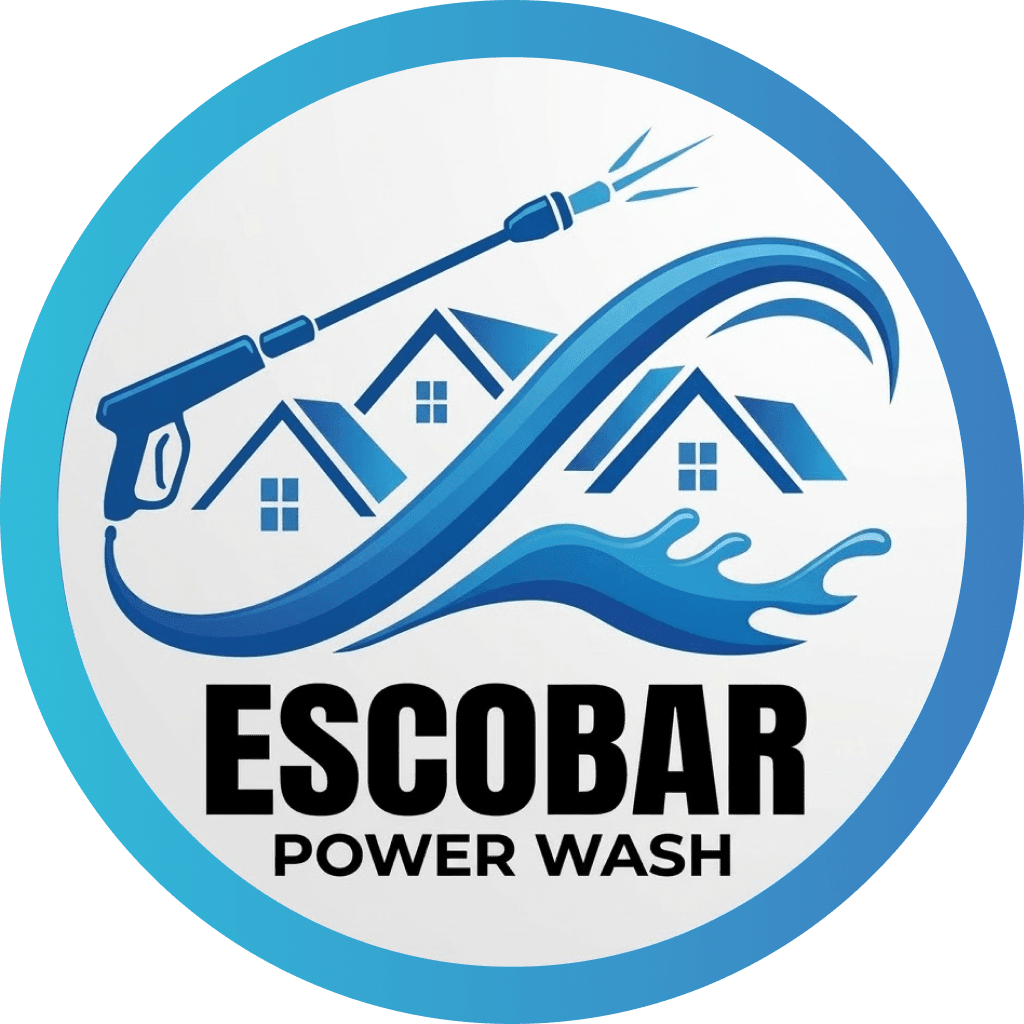 A circular logo for a power washing service featuring a hose and houses.