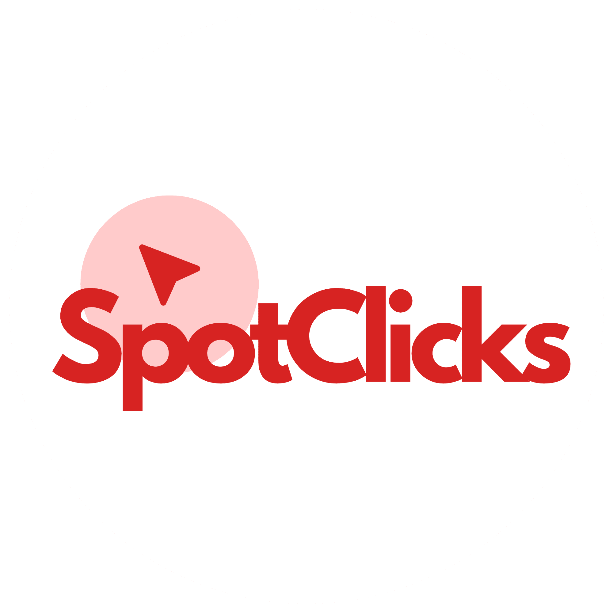 A circular logo for SpotClicks with red text and a pink play icon.