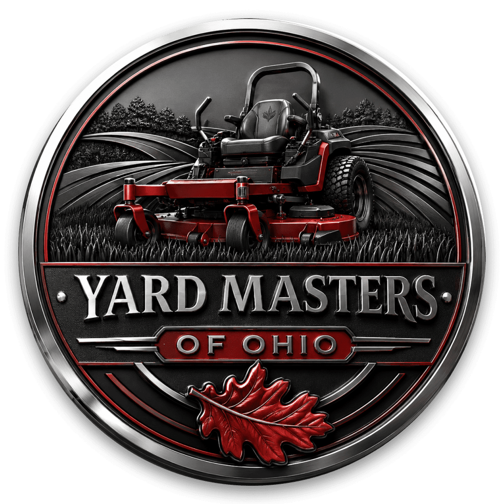 A circular emblem featuring a red riding mower with 'Yard Masters of Ohio' text and a red leaf.