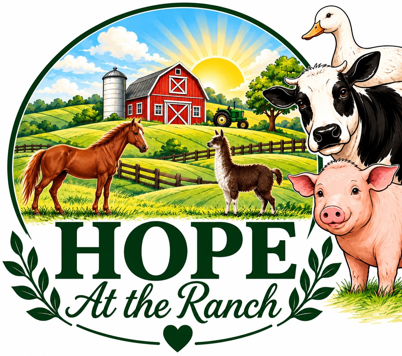Illustrated farm animals and barn under a sun with 'HOPE At the Ranch' text.