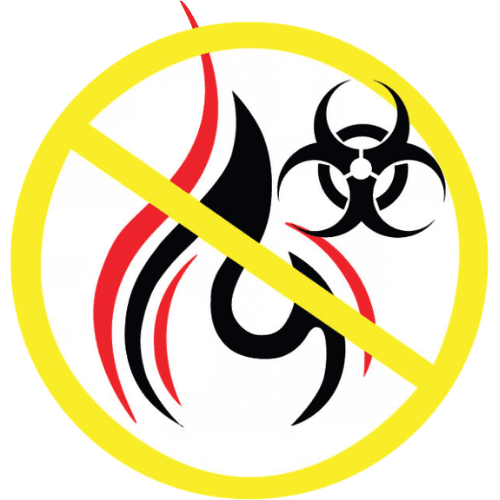 Biohazard symbol crossed out with flame icon inside a yellow circle.