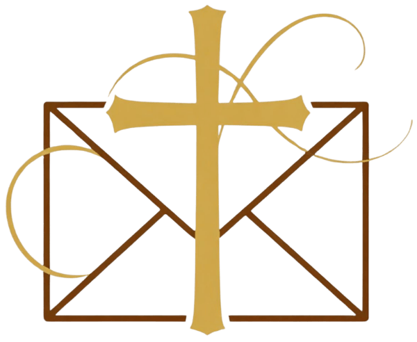 A golden cross overlaid on a brown envelope outline against a green background.