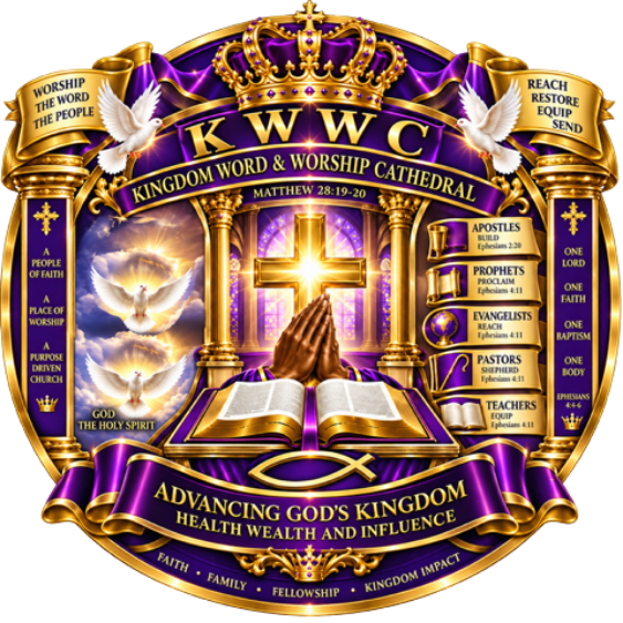 Logo for a Christian church with crown, open book, and hands in prayer.