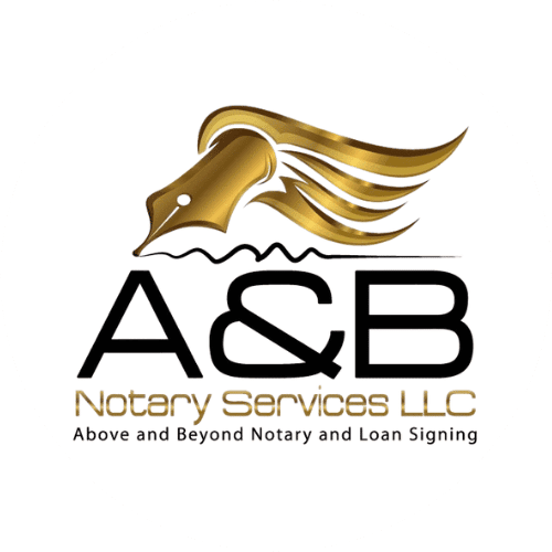 Circular logo for a notary services company with a golden quill and text.