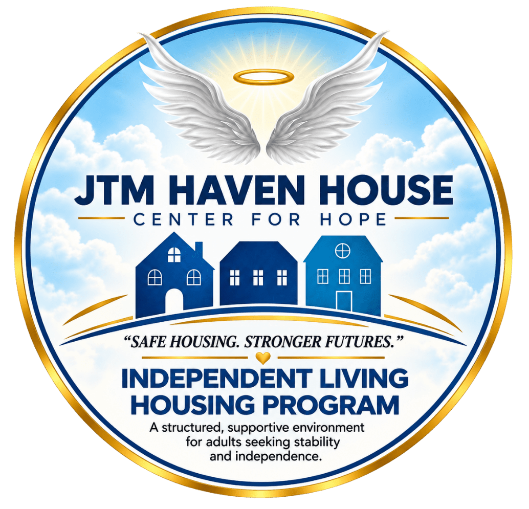 Logo for a housing program with angel wings and blue houses.