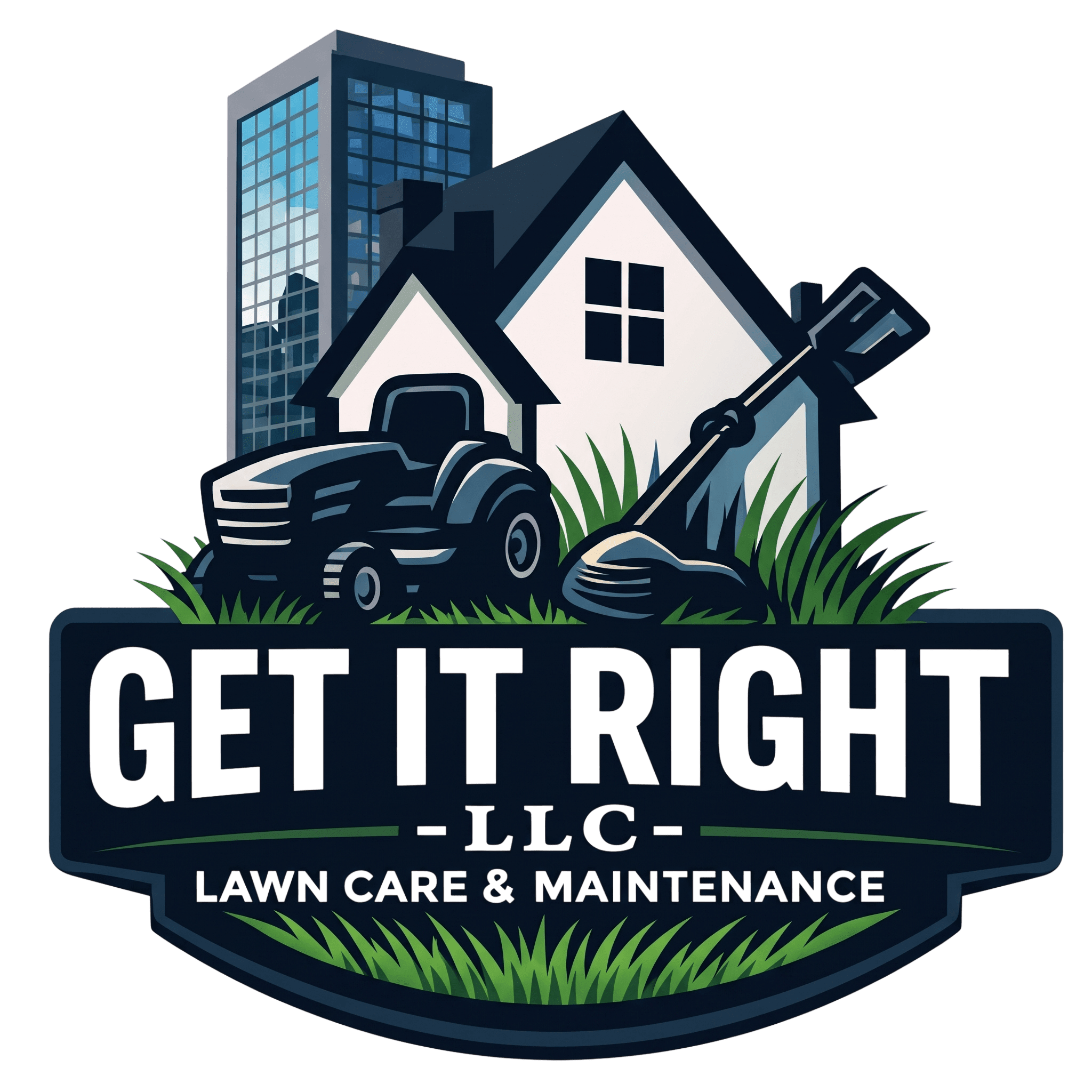 Logo for a lawn care business featuring a tractor, house, and tools.