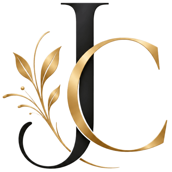 Elegant monogram logo with gold leaf accents on a solid green background.