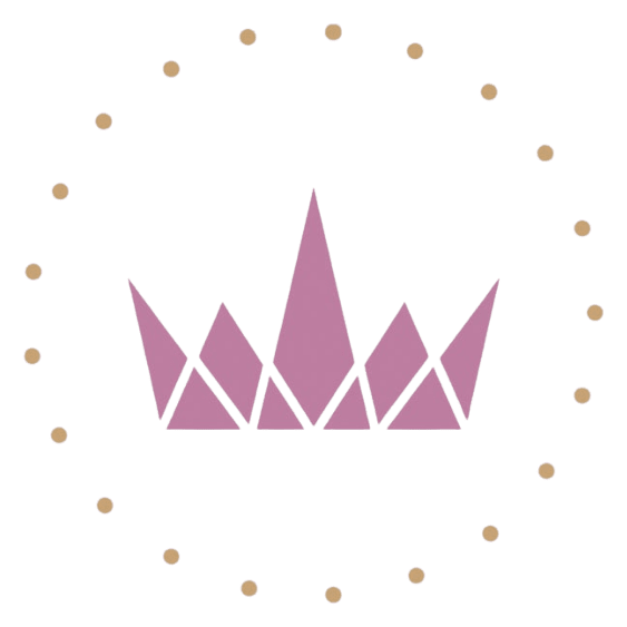A minimalist pink crown centered on a green background with a gold dot circle.