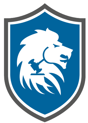 A blue shield logo with a white lion holding a key.