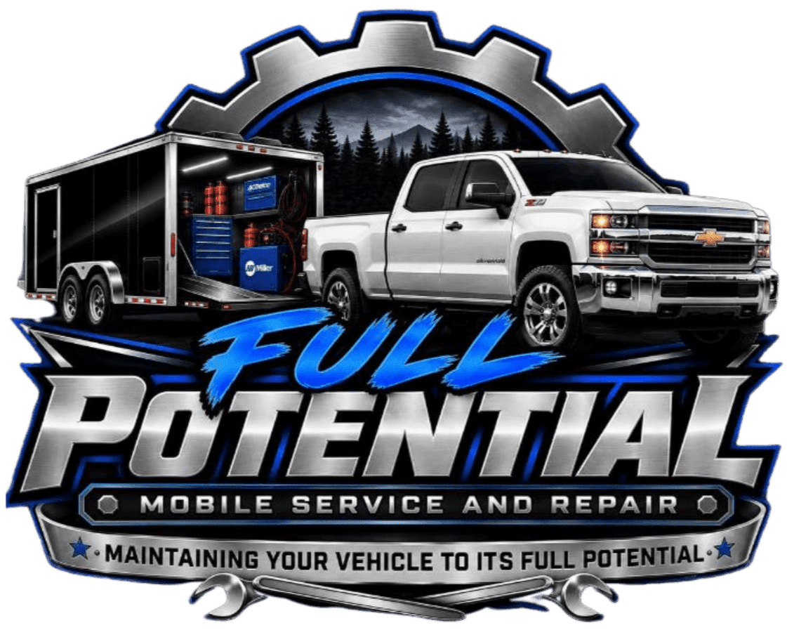 White Chevrolet truck towing trailer with mobile repair tools.