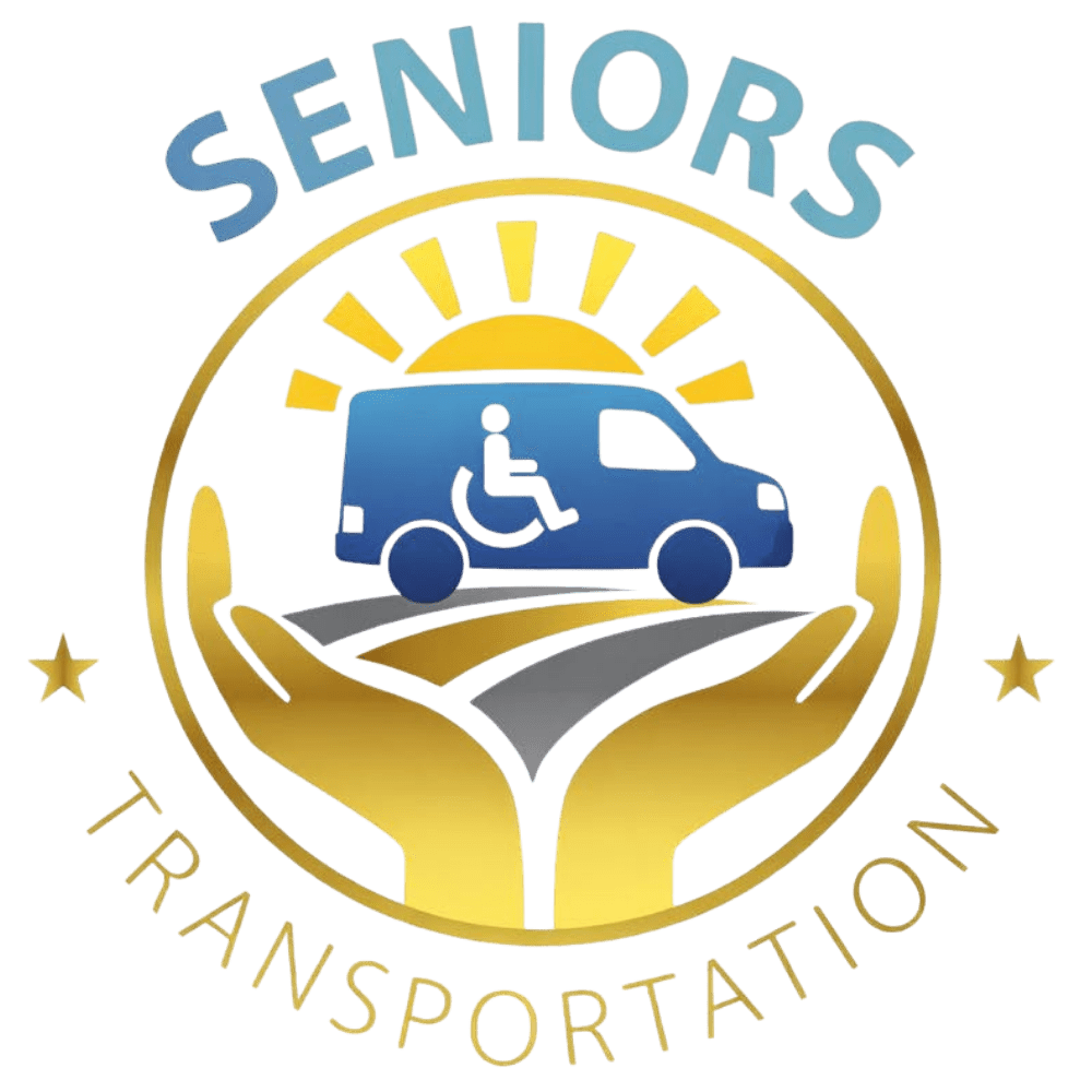 Logo for senior transportation service with van and hands graphic