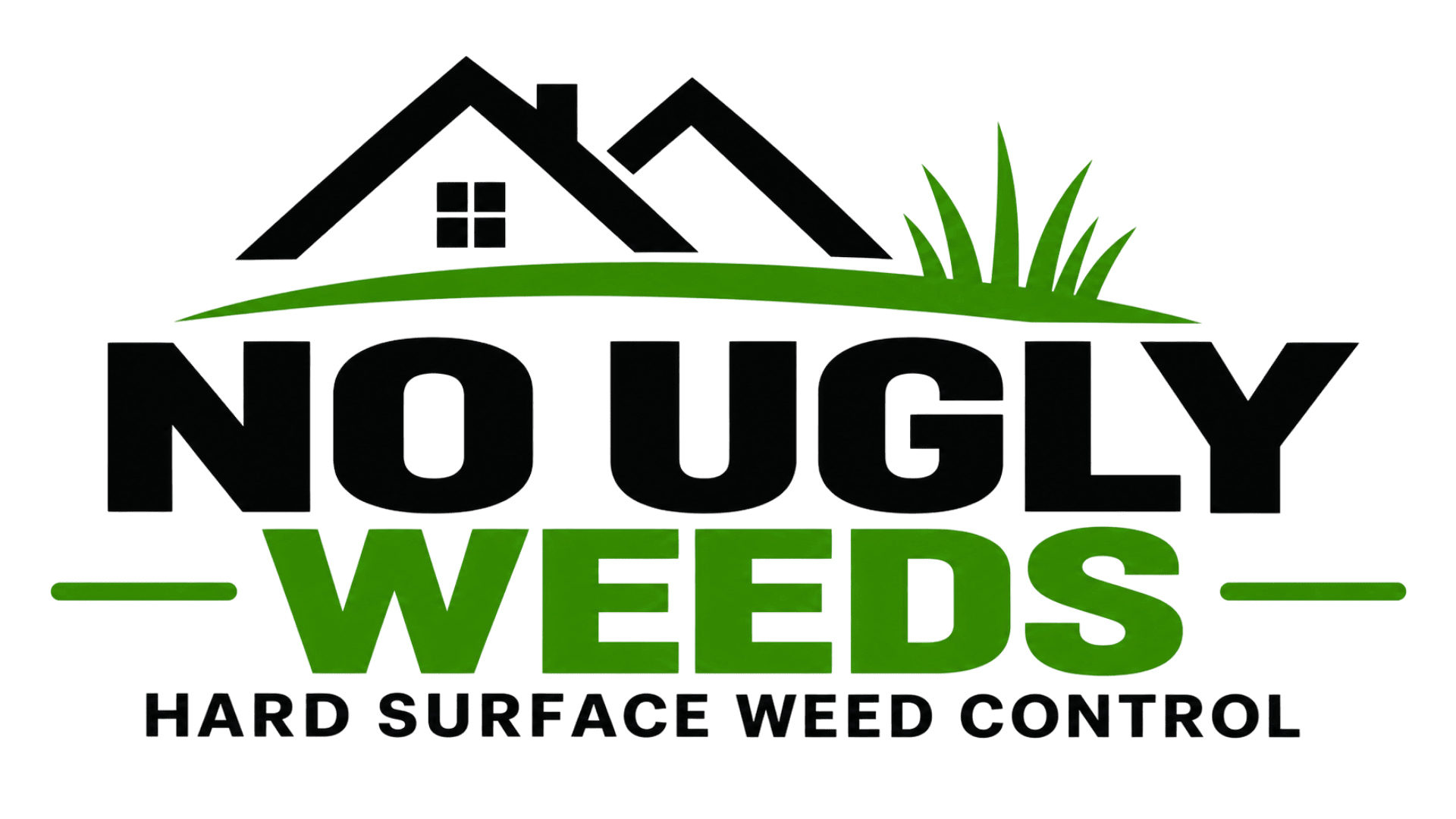 Logo for a weed control service with house and grass graphic.