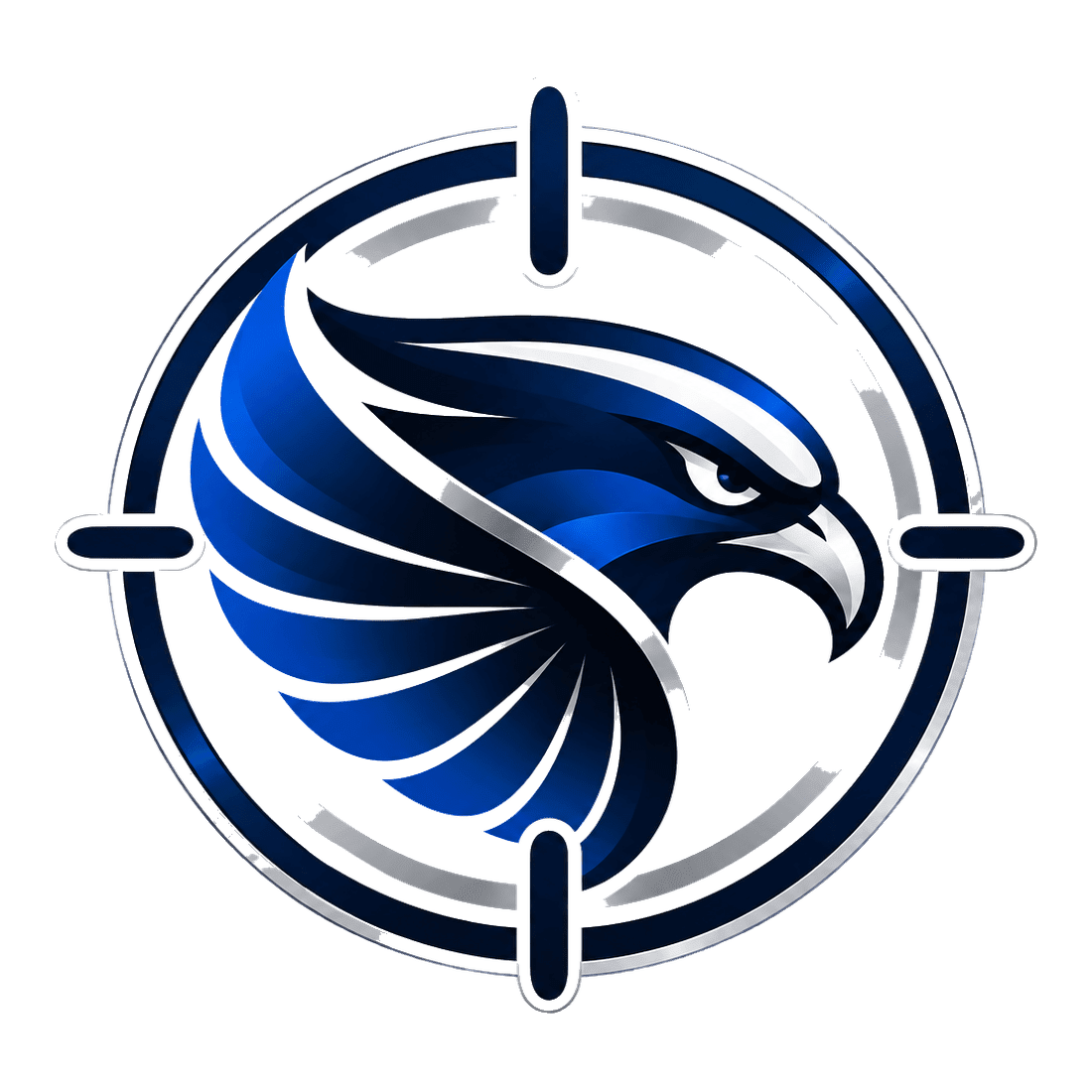 A blue eagle logo inside a circular target reticle.