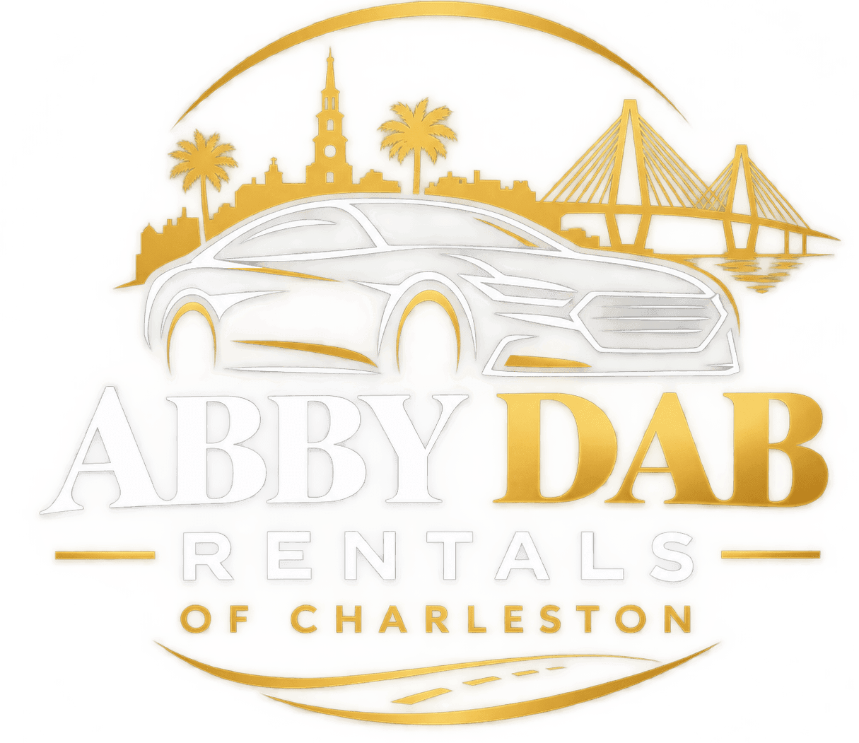 Logo for a Charleston car rental business with stylized car and cityscape.