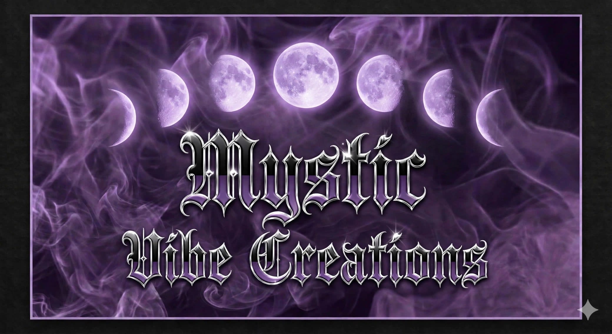 A mystical banner with moon phases and gothic text.