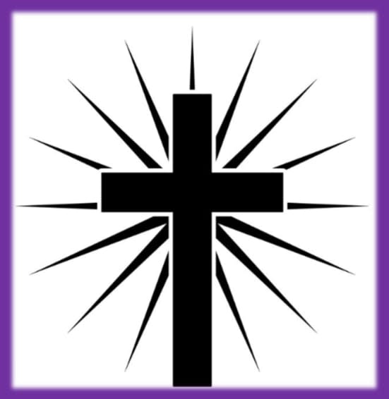 A black cross with radiating lines on a white background, framed in purple.