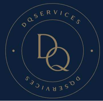 A circular logo for DQ Services on a dark blue background.