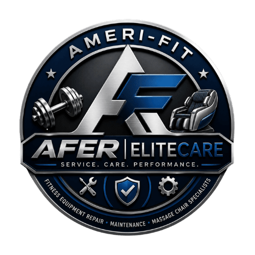Circular logo for a fitness equipment repair and massage chair service.