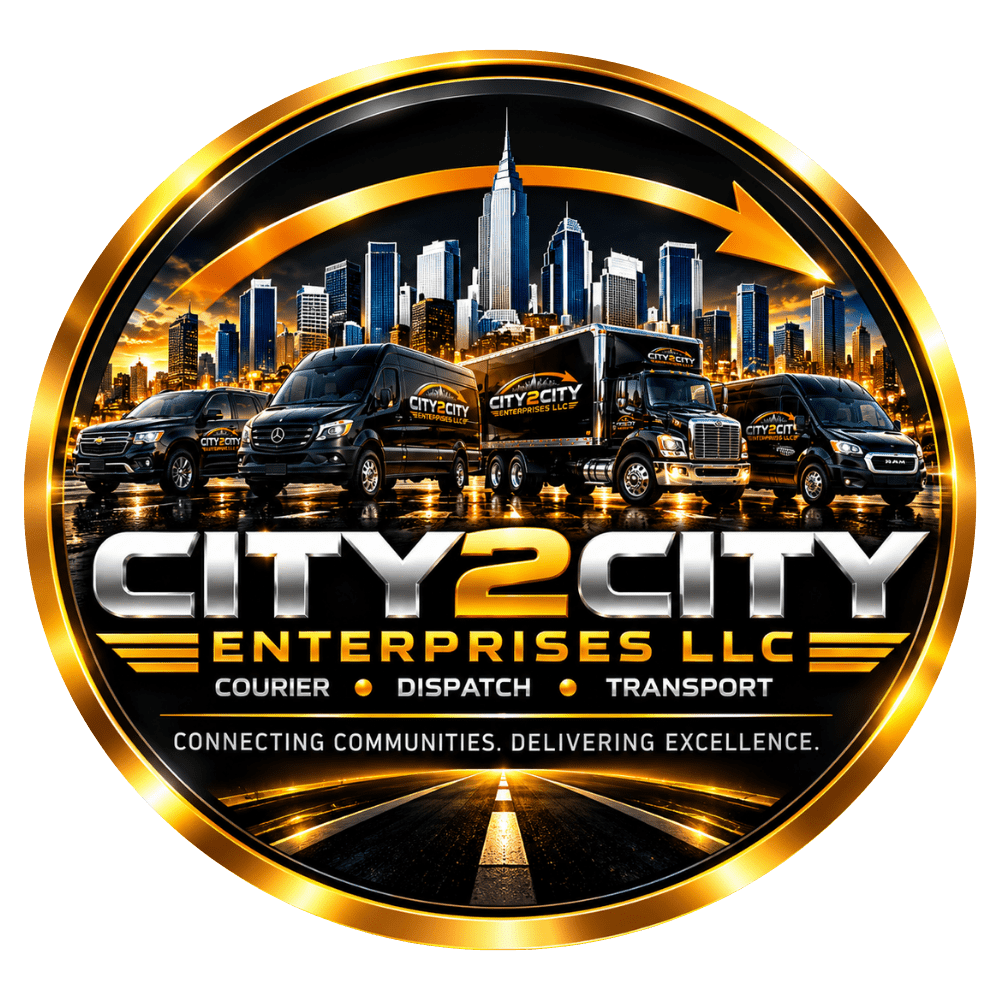 Logo for a city-to-city courier service featuring trucks and skyline.