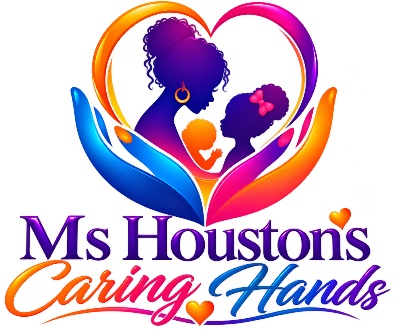 Logo for a caregiving service featuring stylized hands and a heart.