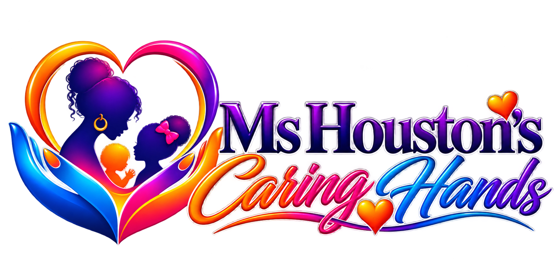 Logo for a caregiving business with stylized hands and heart motif.