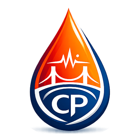 Logo of a company named CP shaped like a water droplet with bridge and heartbeat design.