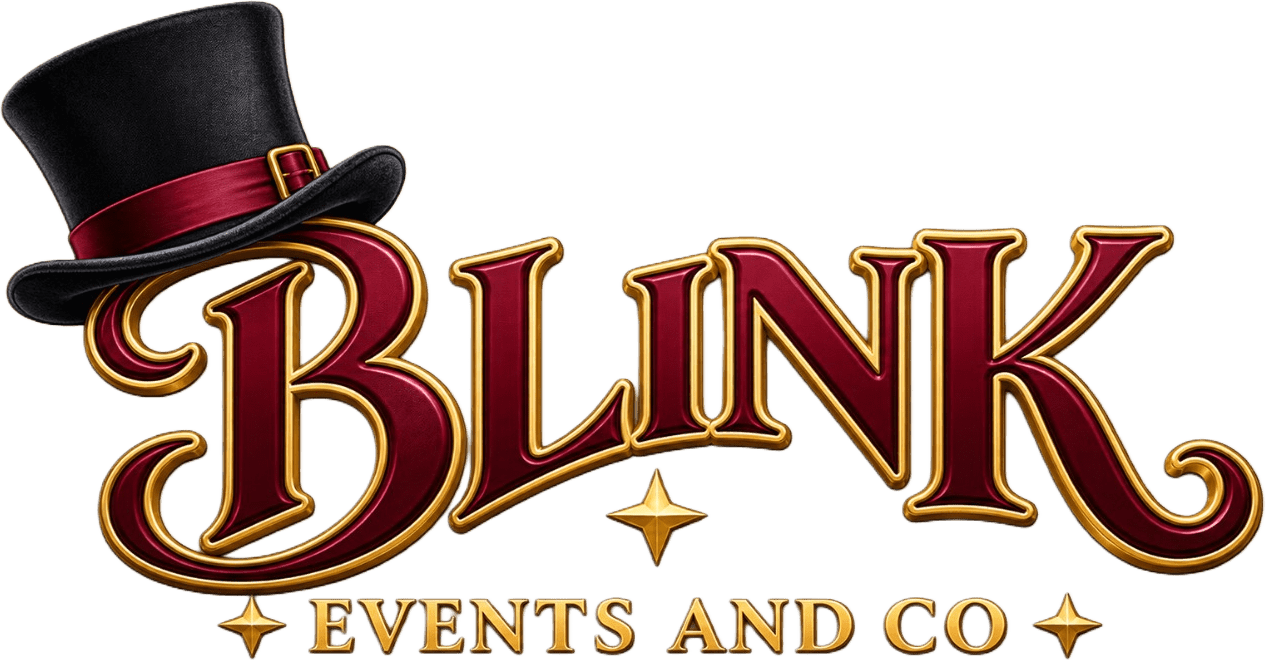 Logo for a vintage-themed event planning company with a top hat and ornate lettering.