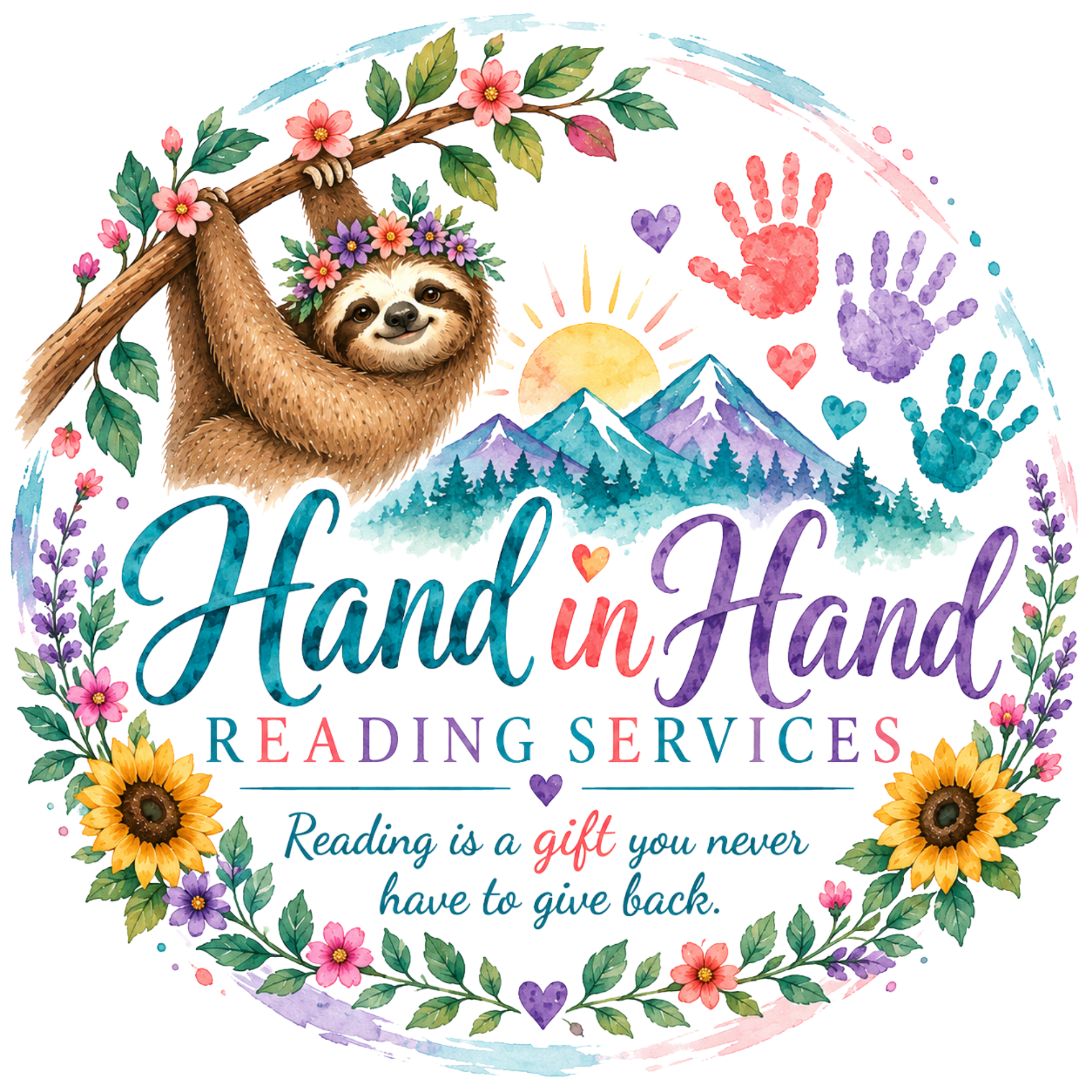 Illustrated sloth holding branch with mountain and handprint design for reading services