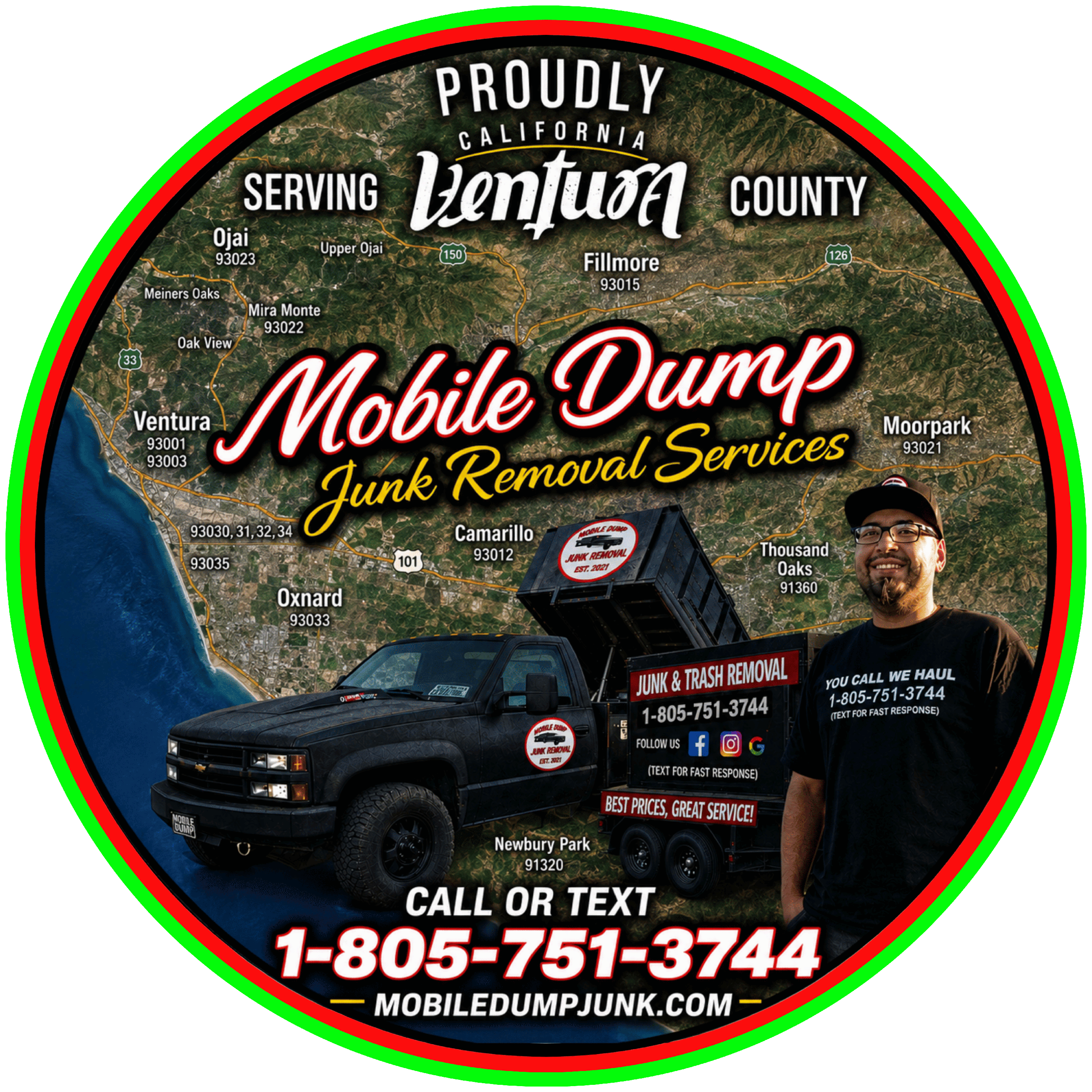 A circular logo for a mobile junk removal service in Ventura County, California.