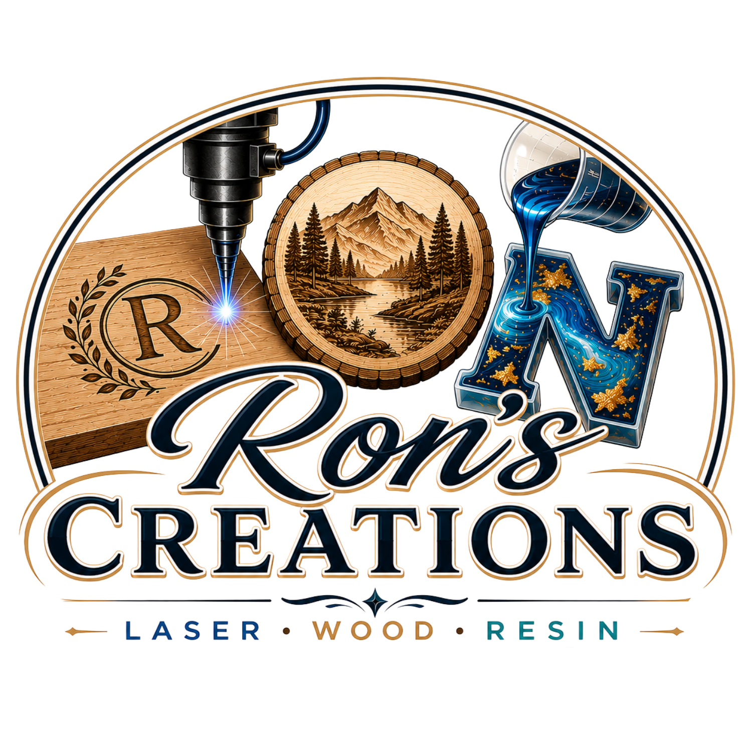 Logo for a woodworking and resin craft business with laser engraving and nature imagery.
