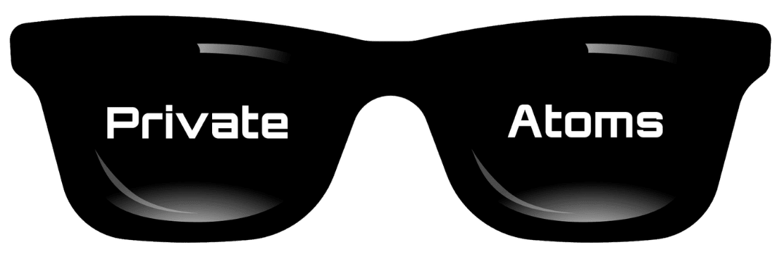 Black sunglasses with white text reading 'Private Atoms' on lenses.