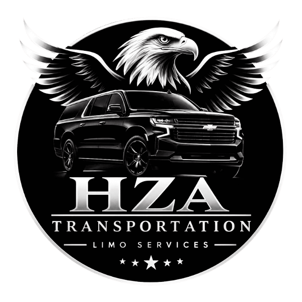 Black SUV under an eagle logo for a limo service.