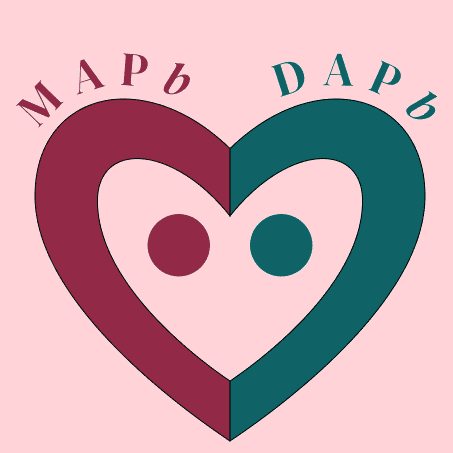 A stylized heart logo with two colored halves and circular centers.