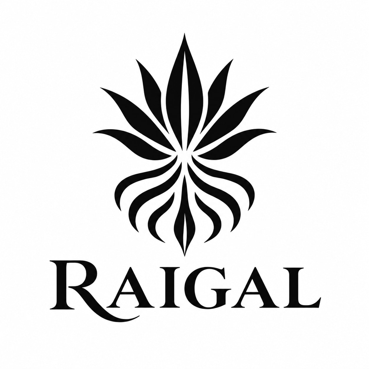 A black and white logo with a stylized flower above the word RAIGAL.