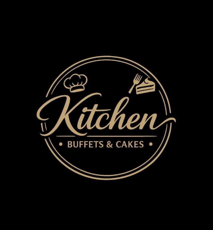 Logo for a buffet and cake service with chef hat and slice icon.