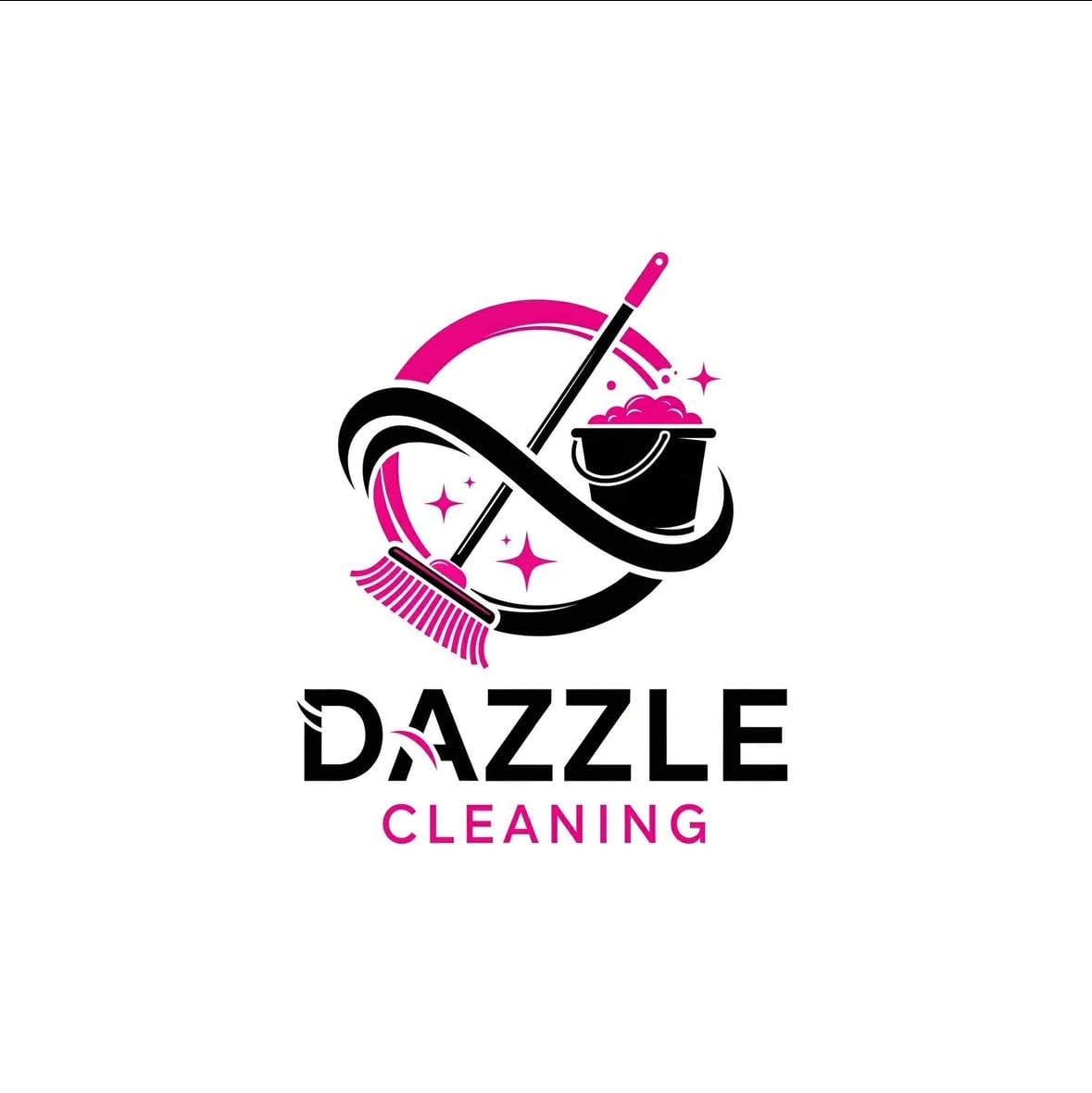 A cleaning service logo with a broom and bucket in a stylized circular design.